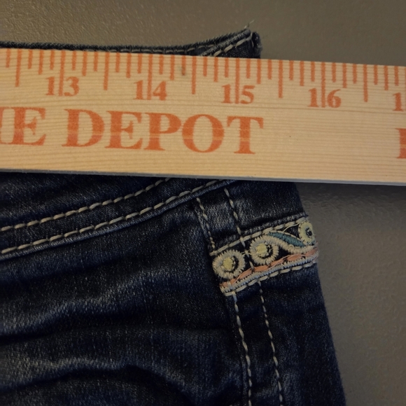 Grace In LA Dark Blue Distressed Boot Cut Jeans Embellished Pockets Size 31 - Picture 12 of 14